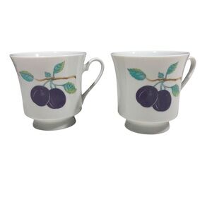Vintage Fruits Plum Strawberry Porcelain Coffee Tea Mugs Set Of 2 Cottagecore